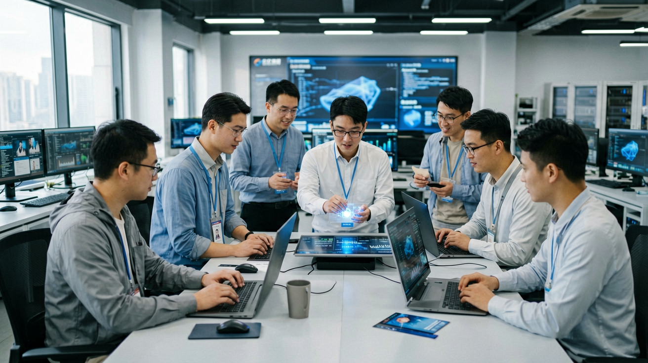 三亿体育科技研发中心内部，工程师团队正在进行算法优化与数据处理工作